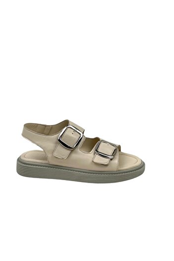 bescobel Beige Yeksan Genuine Leather Women's Sandals - Double Buckle