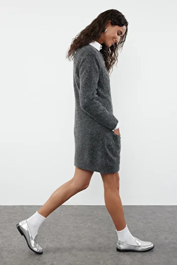Trendyol Collection Πλεκτά Μίνι Φόρεμα Μάλλινο Ανθρακί - TWOAW25EL00018