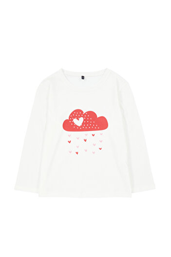 TRENDYOLKIDS Heart Patterned Ecru Cotton Girl's T-Shirt - Crew Neck Tkdaw25Ts00010