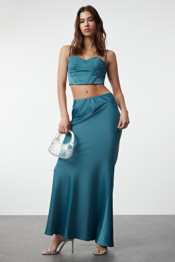 Trendyol Collection Satin Petrol Skirt - TPRSS24ET00018