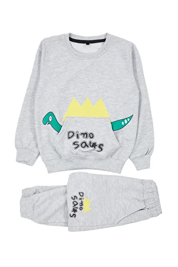 TRENDYOLKIDS Boy's Gray Melange Seasonal Thin Dinosaur Kangaroo Set - Pocketed Tkdaw25au00029