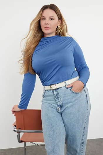 Trendyol Curve Bluză de mărime mare tricotată cu guler în picioare Indigo, cu detaliu de șnur, TBBAW25AF00014