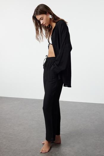 Trendyol Collection Linen Woven Look Black Shirt and Pants Beach Set - Tbess24Au00068