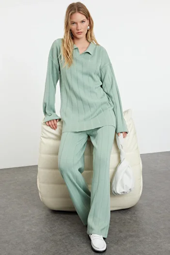 Trendyol Modest Σετ πλεκτών δυόσμου Polo Collar Mint - Σετ πλεκτό με κορδόνι στο κάτω μέρος TCTAW25US00056