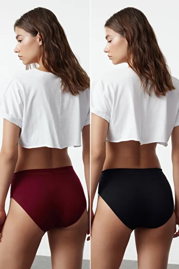Trendyol Collection Set de 2 chiloți tricotați hipster negru și roșu claret - fără cusături THMAW22KU0013