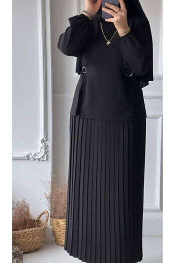 Tebessüm Life Women's Black Pleated Skirt Set
