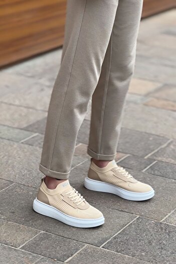 BOUIS Men's Cream Knitwear Lace-Up Orthopedic Style Shoes Daily Sports High Sole Stylish Comfortable Sneakers