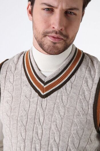 Ferraro A.beige Knitted Patterned V-Neck 100% Lamb Wool Men's Sweater