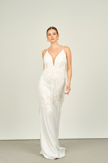 ÖMÜR INN Ömür Inn White Fish Form Evening Dress - Deep V-Neck and Back Detail 2452