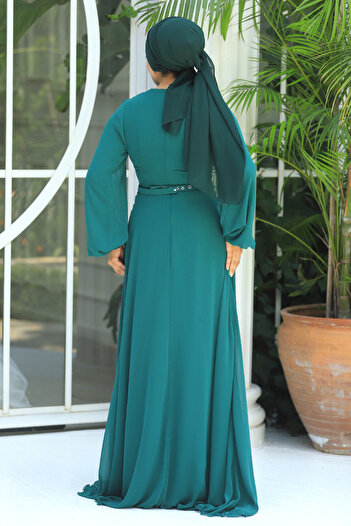 Neva Style Βραδινό φόρεμα με πράσινη ζώνη Hijab - 5422y