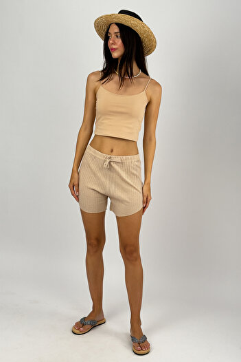 Betimoda 100% Cotton Women's Corduroy Striped Slim Shorts Beige