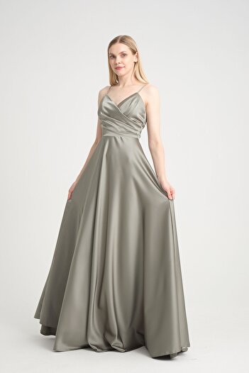 meksila Rope Strap Satin Evening Dress - Flared with Top Pleat Detail