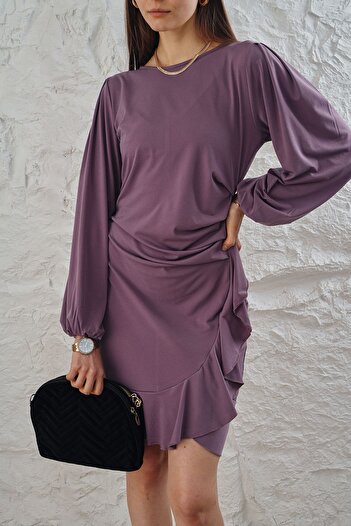 ESPİNA Women's Sandy Fabric Skirt Flounces Long Sleeve Dress