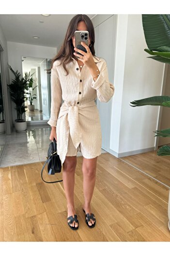 Laluvia Pleated Beige Overalls - Front Button and Side Tie Detail
