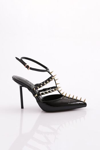 DGN Black Patent Leather Women's Evening Dress Shoes with Metal Barbs - 564521085