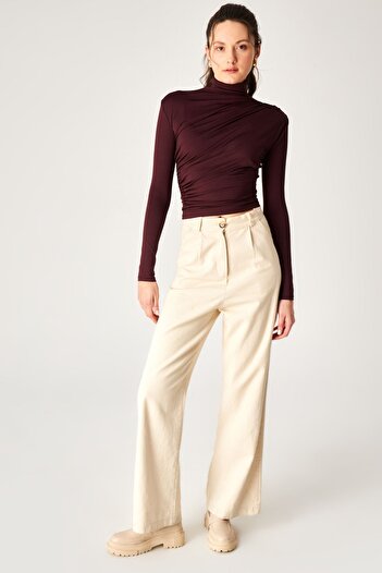 Kallisto Dark Burgundy Polyamide Stand Collar Draped Blouse