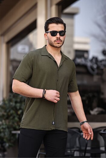 Tex Republic Men's Khaki Oversize Summer Shirt - Burümcük Design