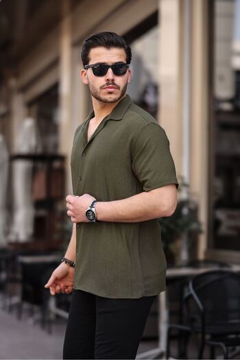 Tex Republic Men's Khaki Oversize Summer Shirt - Burümcük Design