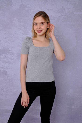 ESPİNA Women's Square Collar Short Sleeve Blouse-body