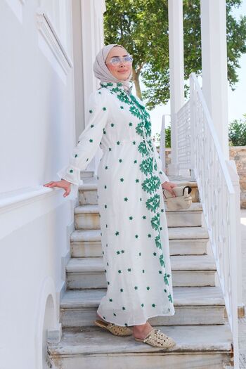 LOCCO Green Dress - Floral Embroidery Detail