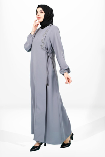 Beyza Γκρι Α-Line Side Tie Sleeve Elastic Hijab Ferace 3906