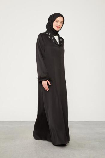 Levidor Black Ferace with Stone Embroidery and Feather Detail