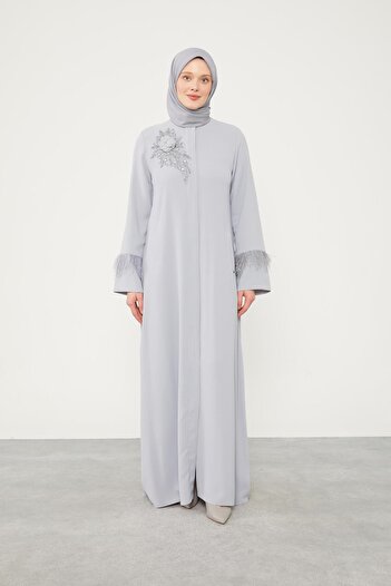 Levidor Gray Stone Embroidered Feather Detailed Ferace