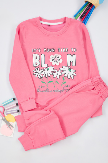 TRENDYOLKIDS Girls Fuchsia Floral Printed Knitted Sweatshirt and Sweatpants Set - Tkdaw25Au00027