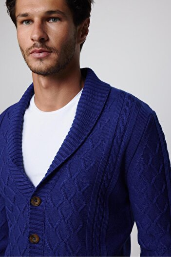 Tudors Slim Fit Slim Fit Patterned Soft Textured Buttoned Sax Blue Men's Cardigan