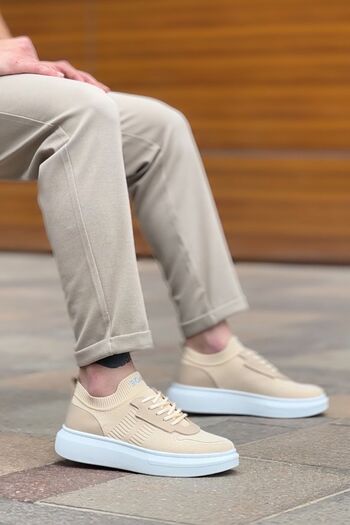 BOUIS Men's Cream Knitwear Lace-Up Orthopedic Style Shoes Daily Sports High Sole Stylish Comfortable Sneakers
