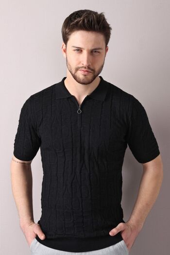 Ferraro Black Polo Collar Zippered 100% Cotton Men's Knitwear T-shirt