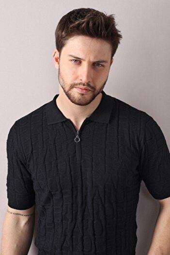 Ferraro Black Polo Collar Zippered 100% Cotton Men's Knitwear T-shirt