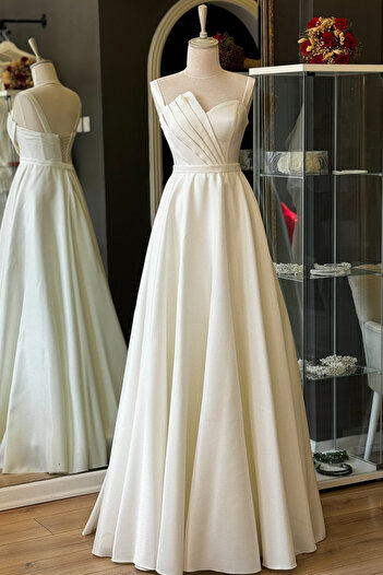 Lenta Moda Beyaz Drape Detaylı Maxi Boy Saten Abiye Ve Gece Elbisesi