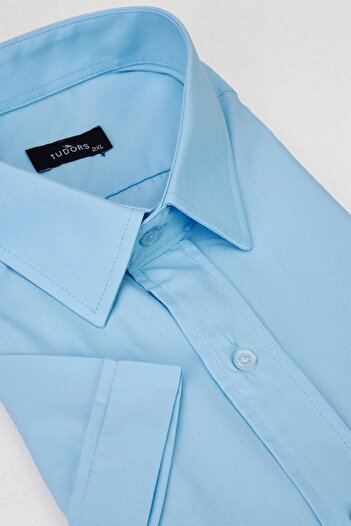 Tudors Plus Size Short Sleeve Plain Tie Easy-Iron Blue Men's Shirt