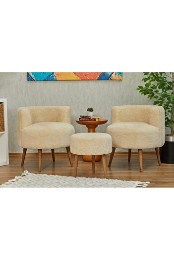 WEBPANYA Krem Teddy Kumaş Çay Seti Ikili Koltuk Berjer Ve Puf Takımı (salon, Balkon, ) 3 Lü Takım