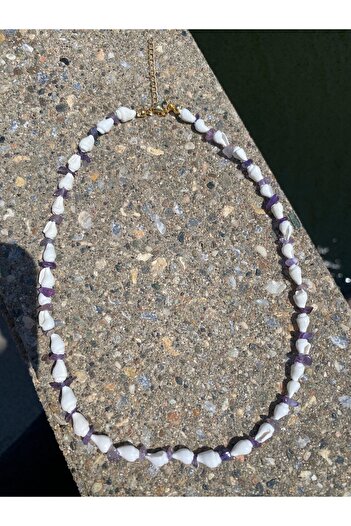 Stoneday Summer Design - Necklace with White Sea Shell and Amethyst Natural Stone