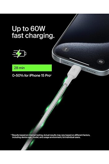Belkin BoostCharge Braided USB C Fast Charger Cable - iPhone 15,Samsung Galaxy S24, iPad, MacBook, 1m,White