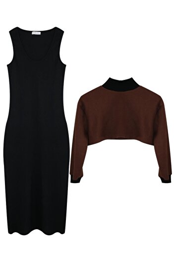 ESPİNA Women's Double Suit Turtleneck Cropped Strap Dress