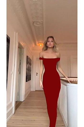 bysevensail Kadın Kırmızı Yarasa Kol Madonna Abiye Elbise