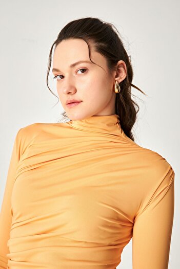 Kallisto Light Orange Polyamide Stand Collar Draped Blouse