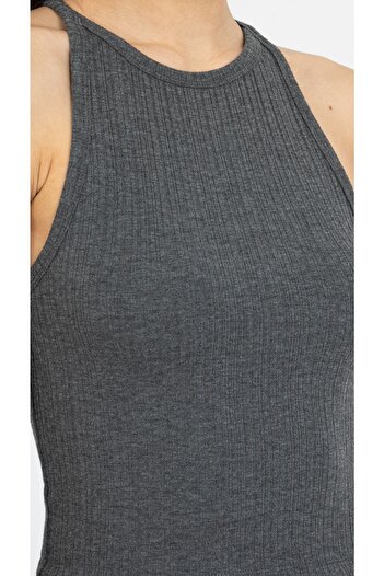 Kallisto Anthracite Melange Corded Halter Collar Knitted Crop Tank Top