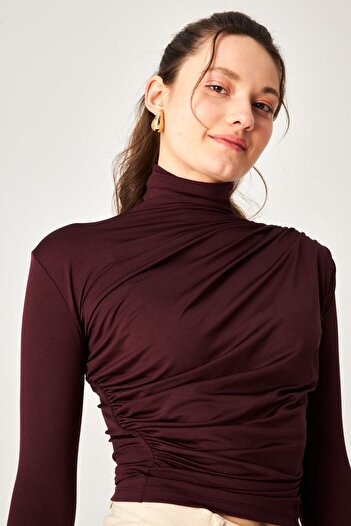 Kallisto Dark Burgundy Polyamide Stand Collar Draped Blouse