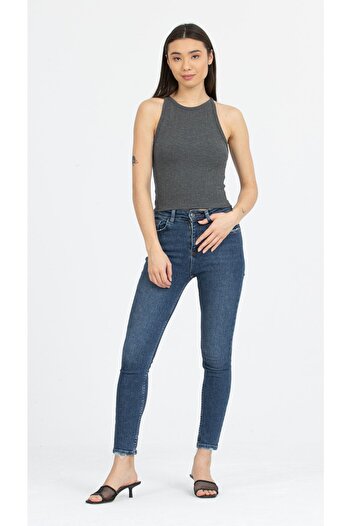 Kallisto Anthracite Melange Corded Halter Collar Knitted Crop Tank Top