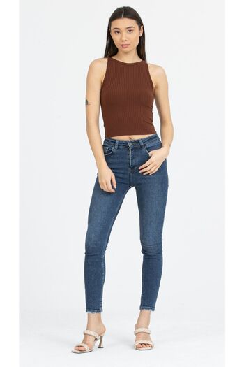 Kallisto Brown Ribbed Halter Collar Knitted Crop Tank Top