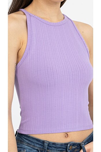 Kallisto Lilac Ribbed Halter Collar Knitted Crop Tank Top