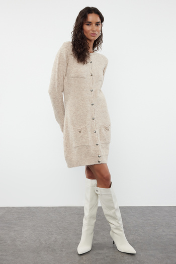 Trendyol Collection Μίνι Πλεκτό Μάλλινο Φόρεμα - Πέτρα, TWOAW25EL00018