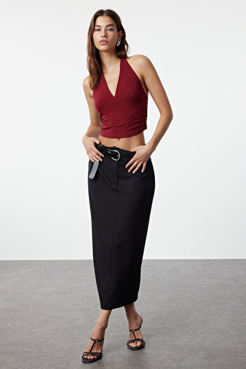 Trendyol Collection Burgundowa bluzka typu halter bodysitting elastyczna dzianinowa Twoss24Bz00061