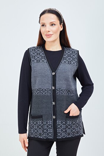 Stilmony Women's Black Patterned Buttoned Pocket Knitwear Vest