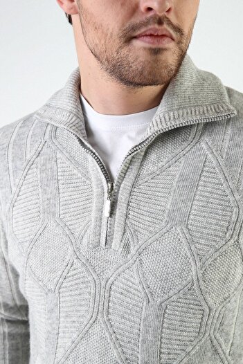 Ferraro A.gray Self Patterned Stand Collar 100% Lamb Wool Men's Sweater