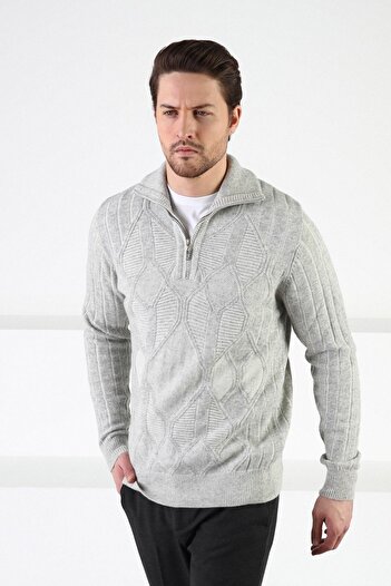 Ferraro A.gray Self Patterned Stand Collar 100% Lamb Wool Men's Sweater